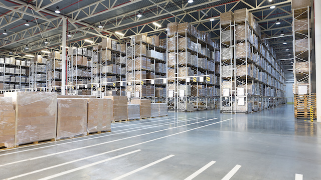 Huge distribution warehouse with high shelves