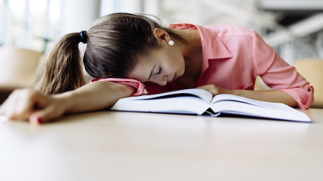 Beautiful pretty woman fallen asleep while studying