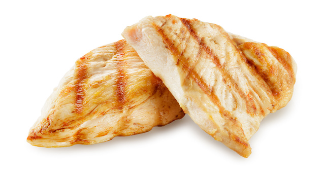 Prepared chicken meat. Breast fillet slices isolated. With clipping path.