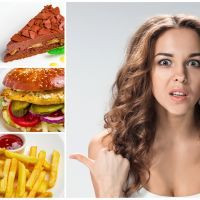 The collage of young beautiful woman with healthy and harmful meal